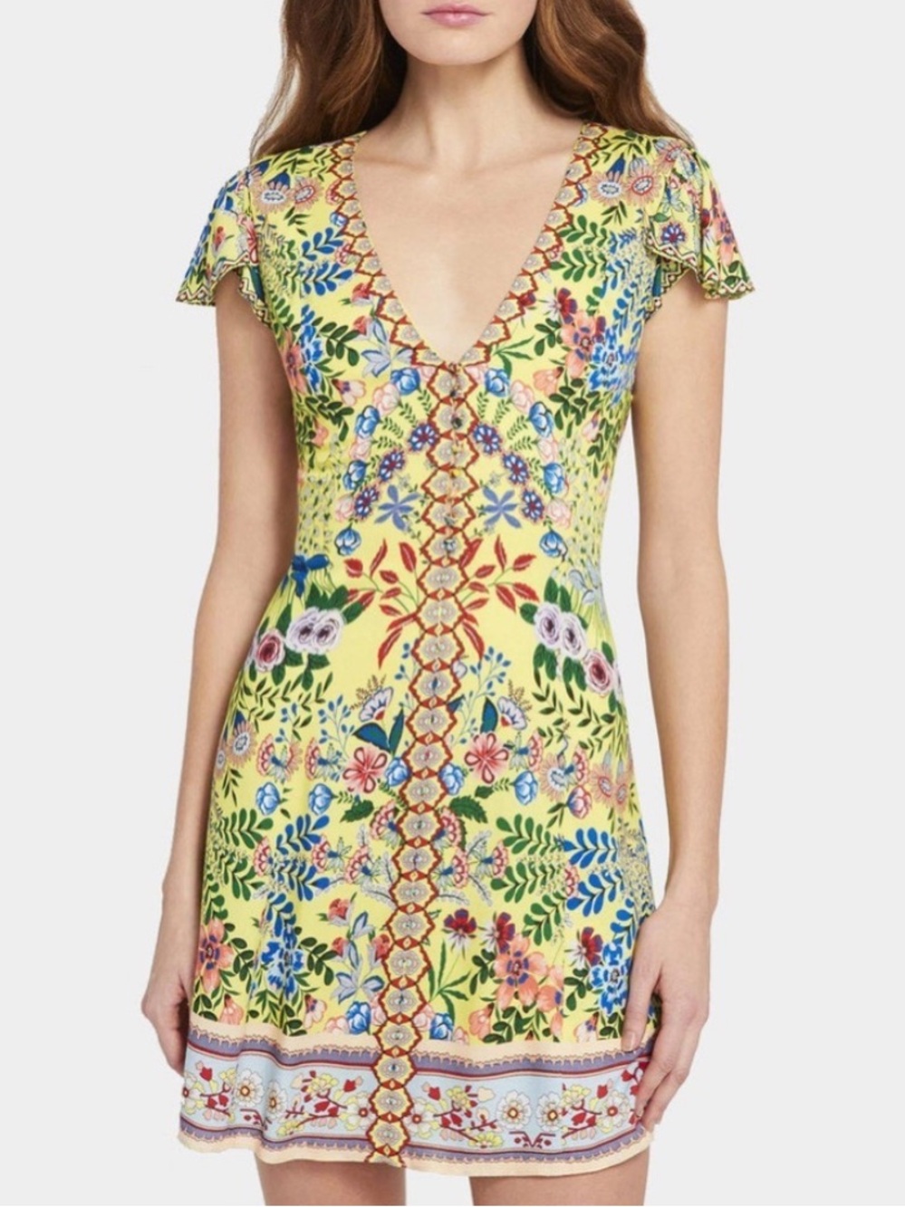Alice + Olivia Yellow Floral Fit-and-Flare Dress‎